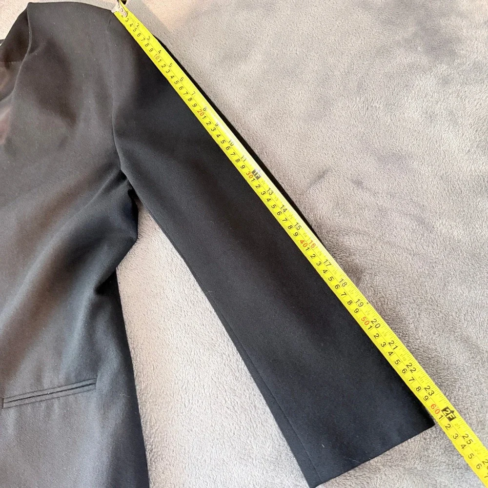 Lands End Womens 14 Vintage Black 100% Wool Collarless Blazer Jacket Made in USA